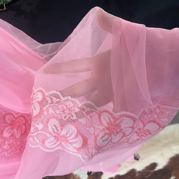 Vintage‎ Lace & Sheer Layered Slip Dress Tie-Neck Cap Sleeve Size L Pink - Picture 5 of 6